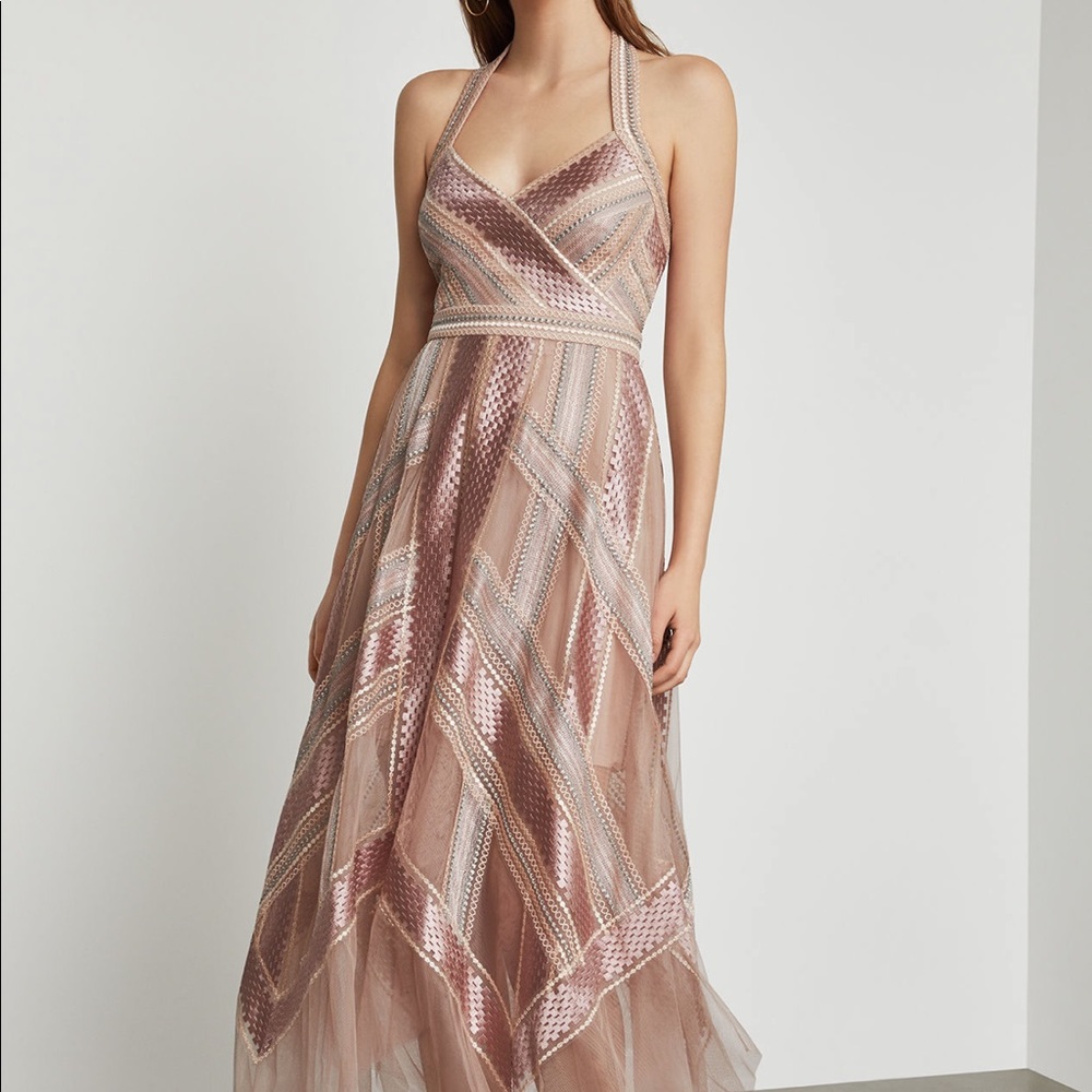 BCBGMaxAzria Eve Handkerchief Dress in Nude Blush, Silver & Rose Gold